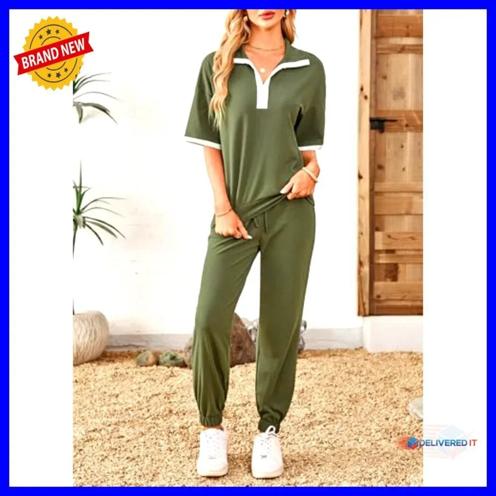 V-Neck Lapel Short Sleeve Tops Long Pants Tracksuit Lounge Jogger Set with - Picture 5 of 7